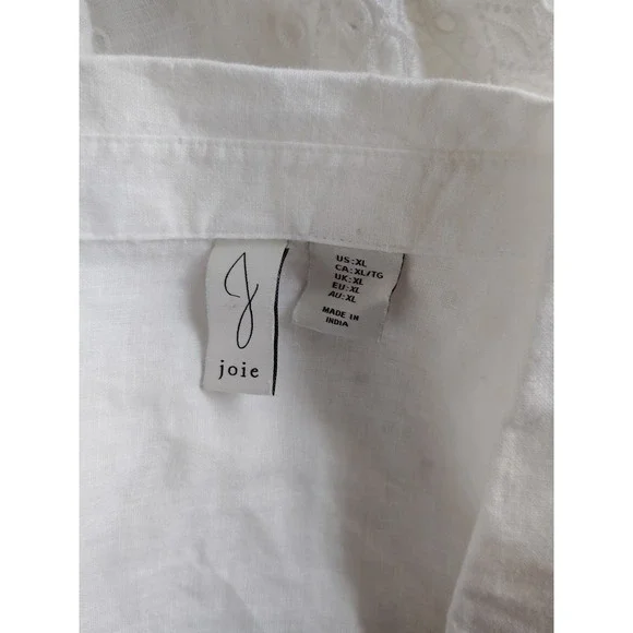 Joie Women XL 100% Linen White Eyelet Short Sleeve Button Crop Shirt Coquette - Picture 5 of 9